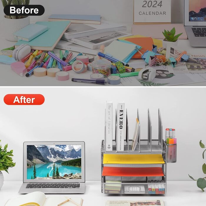 Органайзер для столу Marbrasse, 4-ярусний лоток для паперу та листів з висувними ящиками, 5 вертикальних лотків для документів та 2 тримачі для ручок, сітчастий настільний органайзер для зберігання домашнього та офісного приладдя (сріблястий)