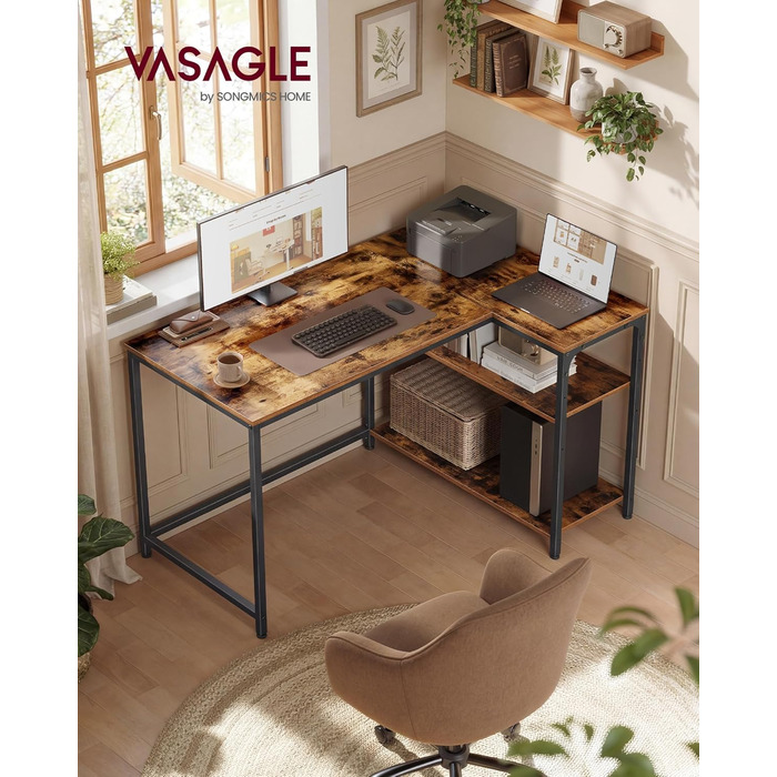 Г-подібний кутовий стіл, комп&39ютерний стіл з місцем для зберігання, офісний стіл, полиця з регульованою висотою, для домашнього офісу, 110 x 80 см, вінтажний коричневий LWD135KD01 Вінтажний коричневий 110 x 80 см Без подовжувача