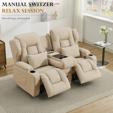 Двомісний диван з функцією сну, крісло-рекордер для телевізора з функцією відкидання спинки, сидіння для домашнього кінотеатру з консоллю, підсклянник, шухляда, розетка, бежевий