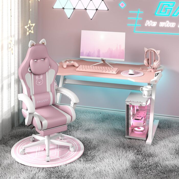 Ігрове крісло bigzzia з функцією масажу та підставкою для ніг ергономічне ігрове крісло для дівчат та дорослих, ігрове крісло з опорою для голови та попереку та котячими вушками (рожево-біле)