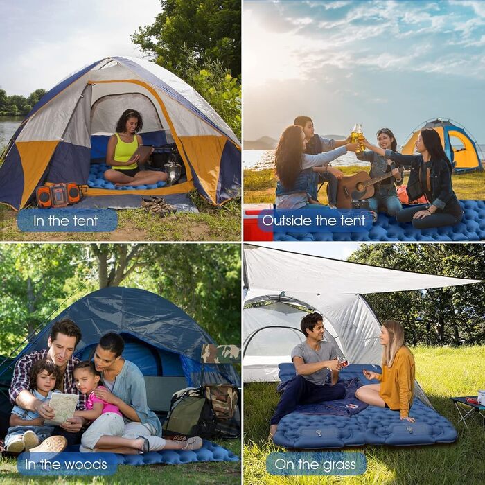 Надувний матрац HiiPeak з високим поглинанням та вбудованою подушкою, килимок для кемпінгу на відкритому повітрі, килимок для сну, невеликий розмір упаковки з ножним насосом, надувний килимок з повітряними камерами, синій