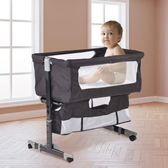 Дитяча колиска LANTUS, люлька, дорожнє ліжечко, складне дитяче ліжечко, бічне ліжко, колиска-гойдалка з функцією гойдання, включаючи москітну сітку, матрац та сумку (92 * 58 * 70-90 см (чорна))