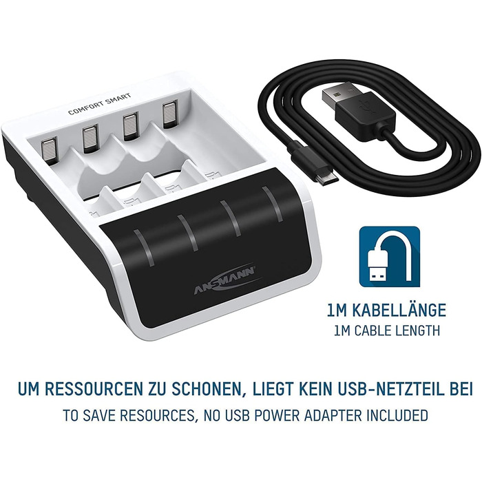 Зарядний пристрій Ansmann Comfort Smart для акумуляторів типу AA та AAA з 4 батареями типу AA ємністю 2850 мАг Швидка зарядка з функцією швидкої перевірки ємності У комплекті USB-кабель довжиною 1 м 3 роки гарантії, білий (1001-0092-02)