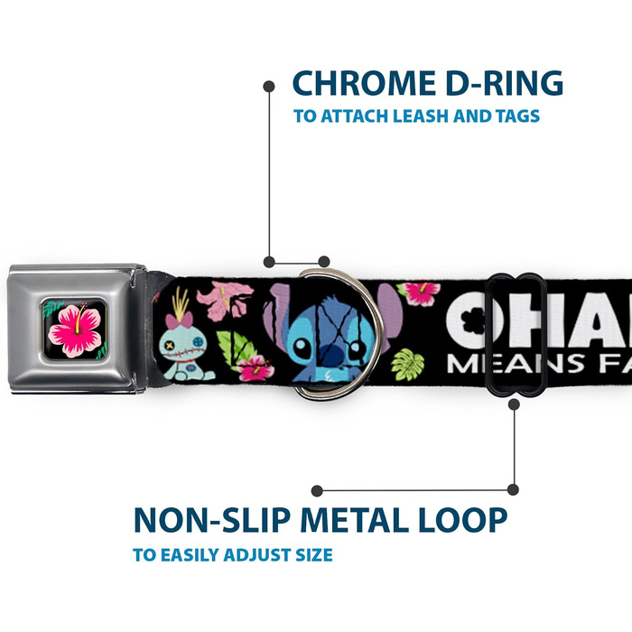 Нашийник для собак Buckle-Down Охана (Lilo & Stitch), з надійною застібкою, чорний, багатокольоровий, ширина 2.5 см - підходить для обхвату шиї 28-43 см, розмір М. Дизайн Охана означає сім'ю, зображення Стіча та Скрампа, тропічні рослини, чорно-біле та ба