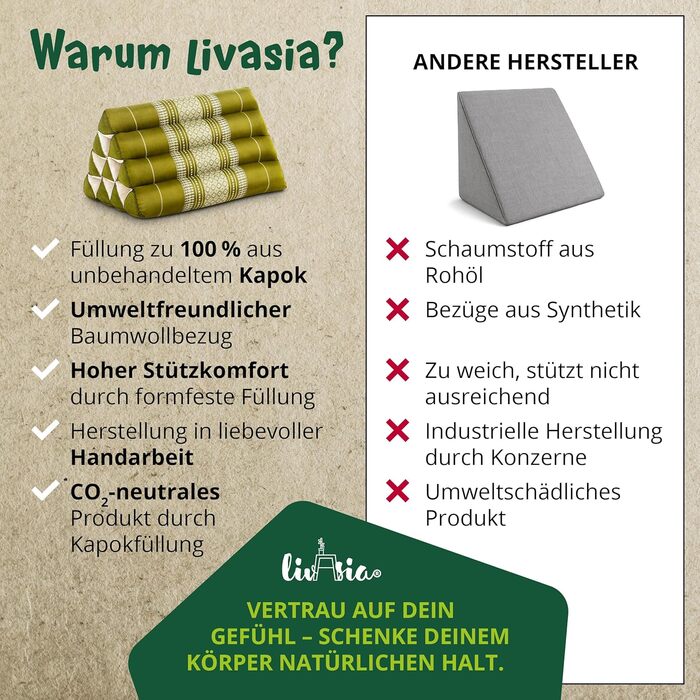 Візерунчаста подушка для спини livasia - 30x50x30 см - Трикутна подушка для саду, клиноподібна подушка з капоком, веганська та ручної роботи, подушка для медитації (зелена)