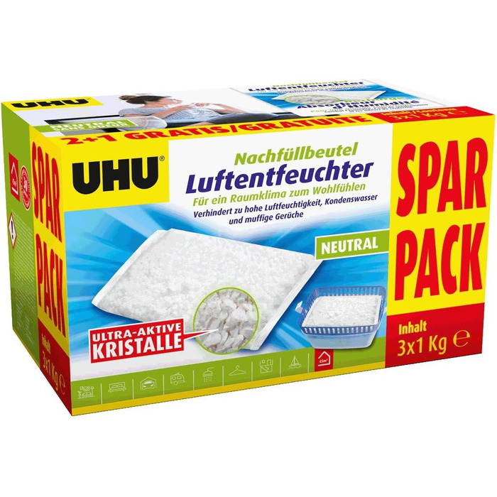 Мішок для заправки осушувача UHU, запобігає появі вологи та затхлих запахів, 3 x 1000 г