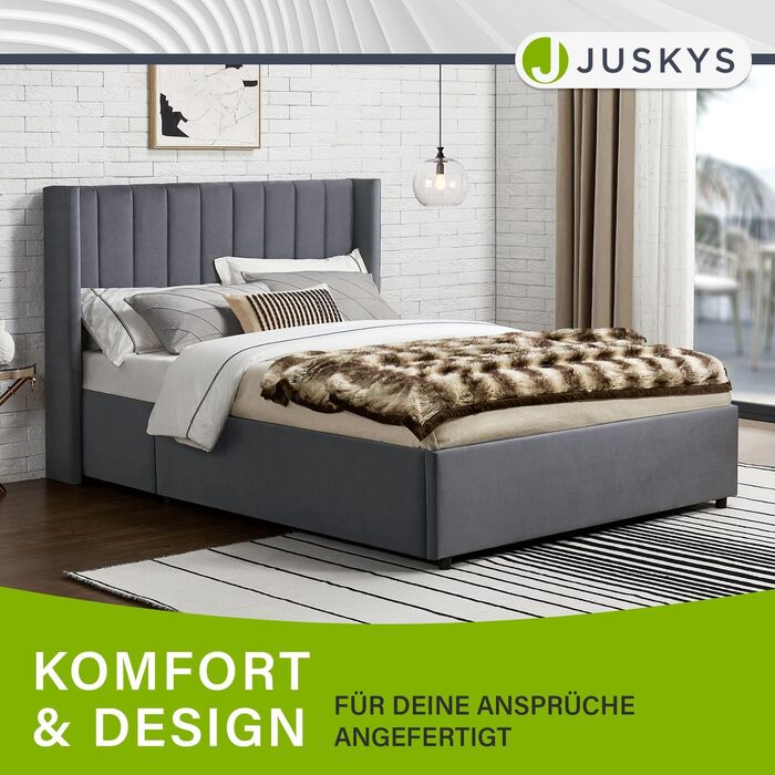 Ліжко Juskys Savona з м&39якою поверхнею 120x200 см, ліжко з місцем для зберігання, рейкова основа, оксамитовий чохол, дерев&39яний каркас ліжка, до 250 кг, велике узголів&39я, темно-сірий колір 120 x 200 см