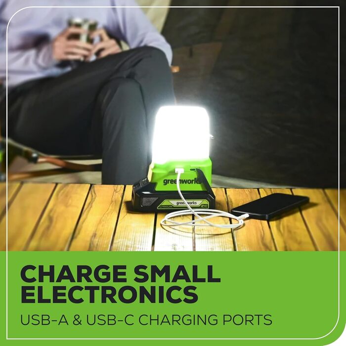 Ліхтар Greenworks 24V, бездротовий, 500 лм, комплект ліхтарів для кемпінгу з портами USB-A та USB-C, акумулятор 2Ah та зарядний пристрій у комплекті