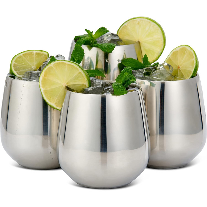 Келихи для червоного вина з нержавіючої сталі без ніжки, 4 металеві соломинки та 2 щітки для чищення, 350 мл - міцні та небиткі -