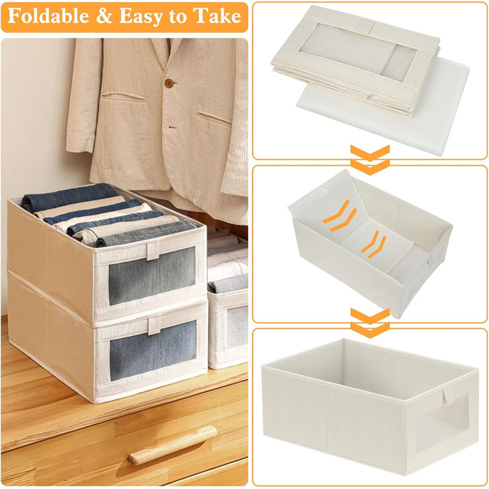 Набір із 4 органайзерів для гардеробу, коробки-органайзери для шафи з прозорими шухлядами, складні коробки для зберігання, 42 x 27,5 x 17 см, для штанів, сорочок, одягу, бежевий стиль 1 4L