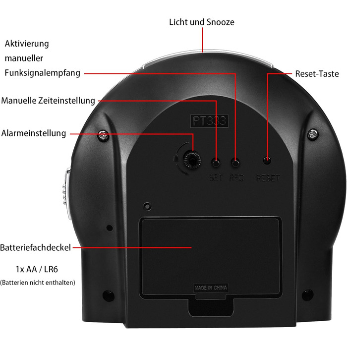 Радіокерований будильник, аналоговий радіокерований будильник без цокання, з нічником та функцією повтору будильника, потрібна 1 батарейка типу АА 1,5 В (не входить до комплекту) (чорний)