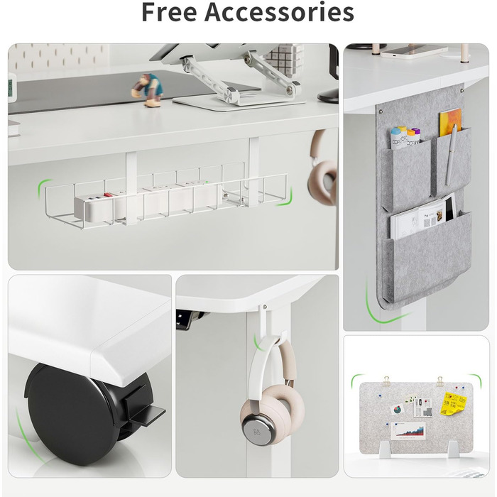 Письмовий стіл з регульованою висотою (140 x 70 см) Комп&39ютерний стіл з електричним регулюванням висоти, 4 режимами пам&39яті, дошкою для записів та колесами, що обертаються на 360 Стіл SN1 140 x 70 см Білий біла рама