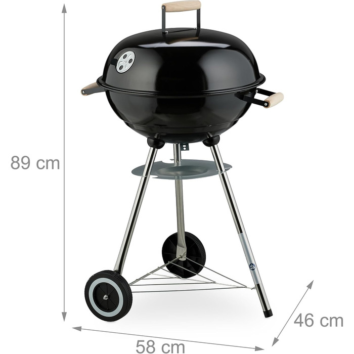 Вугільний гриль-мангал, Ø 44 см, решітка для грилю, для вулиці, з колесами та ніжками, з піддоном для попелу, коптильня, чорний