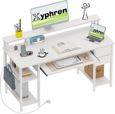 Письмовий стіл з 2 шухлядами, 120 x 50 см, комп&39ютерний/ігровий стіл з підставкою для клавіатури, регульованою по висоті бічною полицею, підставкою для монітора та розеткою для домашнього офісу та вітальні, білий, 120 x 50 см