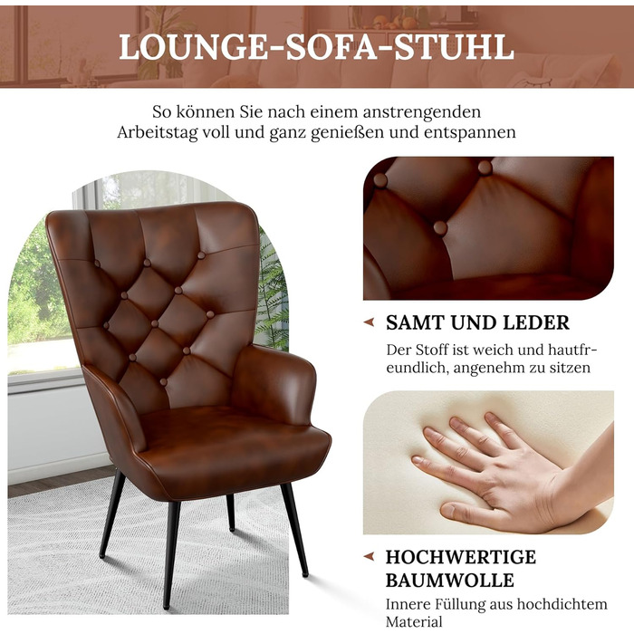 Елегантне м&39яке крісло, стілець для вітальні, стілець для туалетного столика з металевими ніжками для вітальні/спальні, вантажопідйомність до 150 кг, коричневий, комплект з