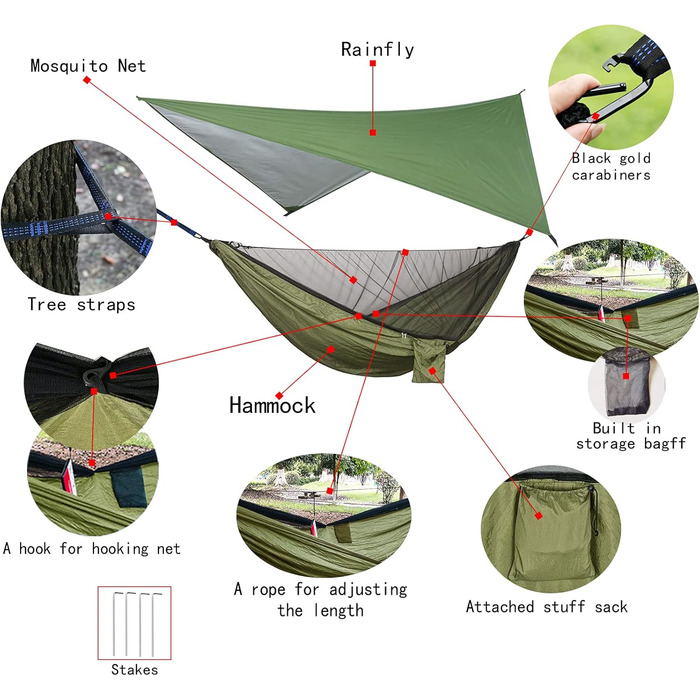 Комплект гамаків для кемпінгу, одинарний/подвійний гамак, москітна сітка, сітка від комах, дощовик, підвісне ліжко з високоміцної парашутної тканини. Підходить для активного відпочинку, походів, кемпінгу та подорожей. Армійський зелений.
