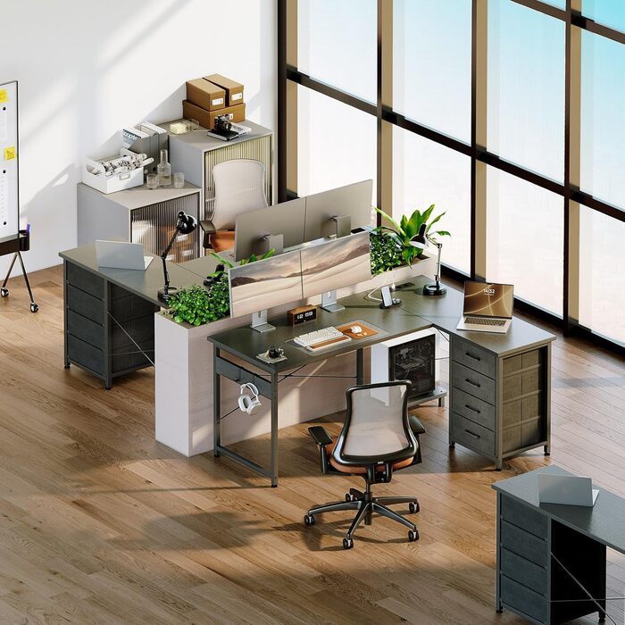 Кутовий письмовий стіл ODK з 4 шухлядами, 135100 см, L-подібний стіл з розеткою та портом зарядки USB, двосторонній стіл з місцем для зберігання для домашнього офісу та ігор, чорний 135 100 см