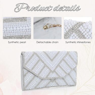 Клатч жіночий з перлами та стразами Перлина - елегантна вечірня сумочка на ланцюжку для весілля, випускного та святкових заходів, сріблястий