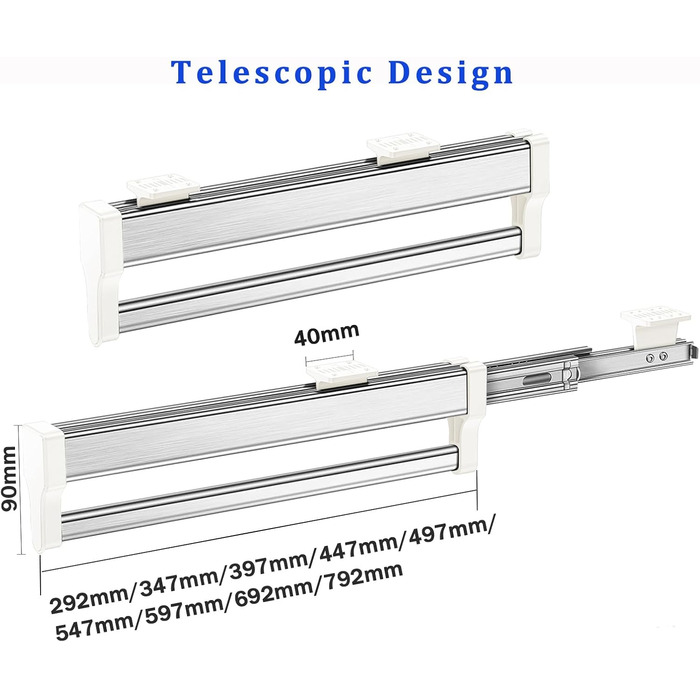 Висувна штанга для одягу для висування вішалок для одягу. Регульована телескопічна штанга для гардеробу, 347 мм, біла.
