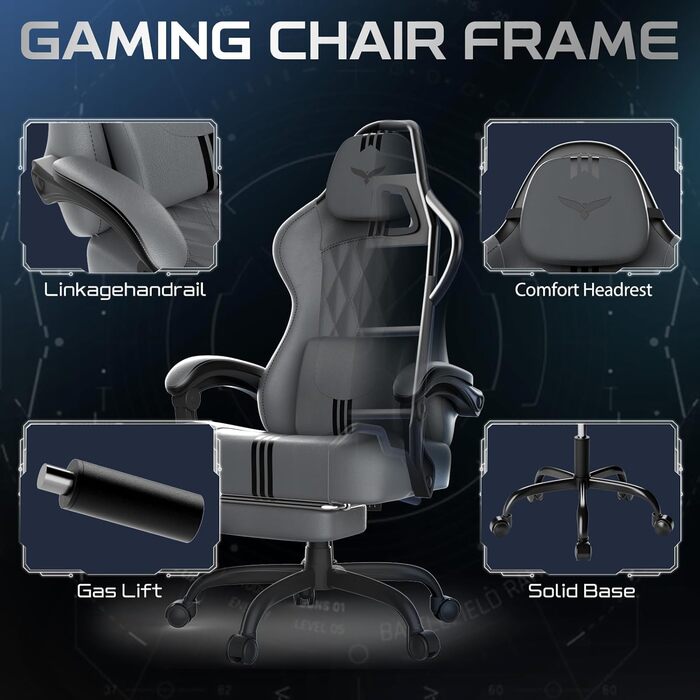 Ергономічне ігрове крісло Verdego з функцією масажу, підголівником та підставкою для ніг, штучна шкіра, регульована спинка 90-145, регульована висота 10 см, ігрове крісло, сіро-чорна штучна шкіра