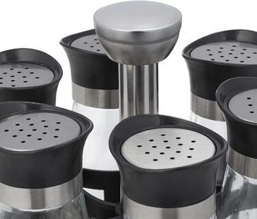 Карусель для спецій Relaxdays, 12 банок для спецій, обертається на 360, нержавіюча сталь, скло, ВxГ 31 x 18 см, підставка для спецій, сріблясто-чорна