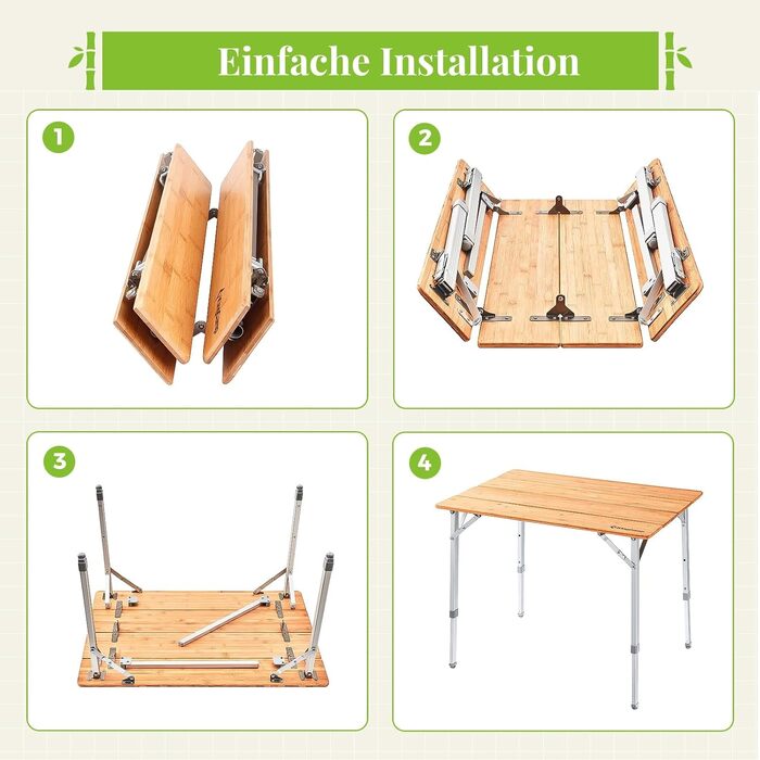 Складаний кемпінговий стіл KingCamp з бамбука, регульована висота (45/52/65 см) для 4-6 осіб, складний кемпінговий стіл з сумкою для перенесення, вантажопідйомність до 80 кг, 100 x 65 см, 3 фіксовані рівні висоти 100 x 65 см