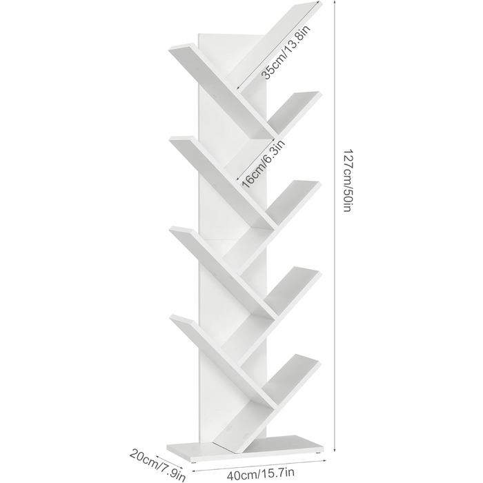 Книжкова полиця Mondeer Tree, 8-рівневі дерев&39яні окремостоячі полиці для компакт-дисків та журналів у вітальні або домашньому офісі, біла, 40 x 127 x 20 см