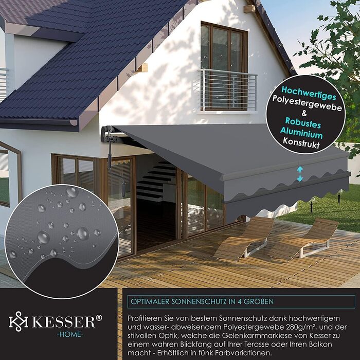 Складаний тент KESSER 300 x 250 см Затискач для тенту для патіо Сонцезахисний тент з настінним кронштейном Сонцезахисний балконний тент Водовідштовхувальний алюміній/поліестер, антрацит 300 x 250 см Антрацит