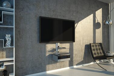 Підвіс для полиці NEG HiFi 503S, консольна стійка HiFi, настінна полиця, плаваюча (срібляста), з 3 великими скляними полицями (прозора) та системою організації кабелів, сріблястий, 3 полиці