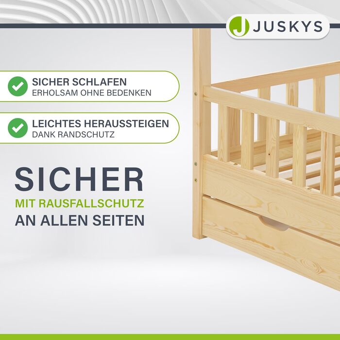 Дитяче ліжко Juskys Marli 90 x 200 см з 2-секційним ящиком для зберігання, захисними поручнями, рейковою основою та дахом - Ліжко-будиночок з масиву дерева для дітей - Ліжко з натурального дерева 90 x 200 см