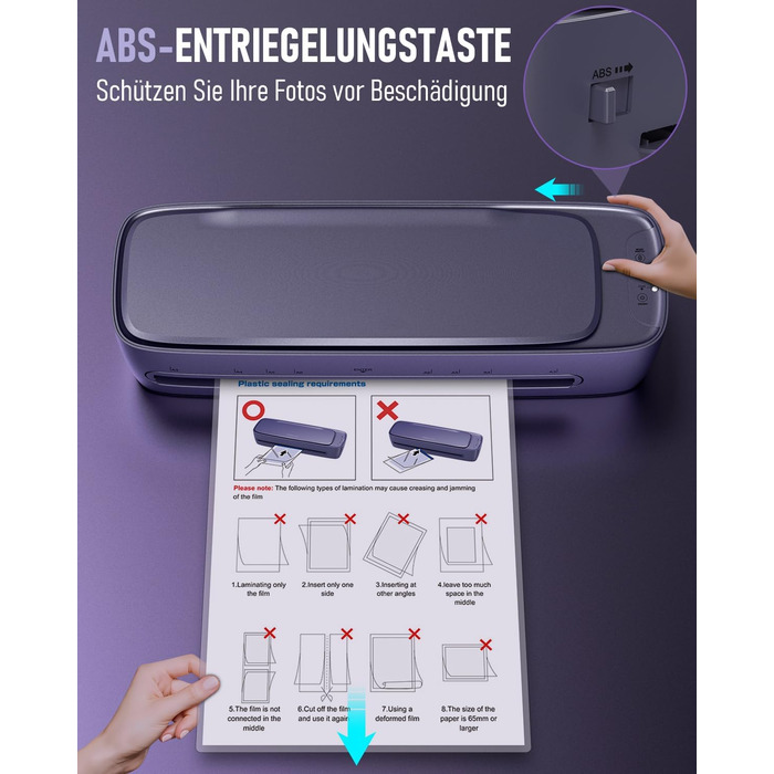 Ламінатор A3 з 30 ламінувальними пакетами, гарячий та холодний ламінатор для паперів A3, A4, A5 та A6, ламінатор 9-в-1 з різаком для паперу та закруглювачем кутів, ламінатор для школи, дому, офісу та файлів (фіолетовий)