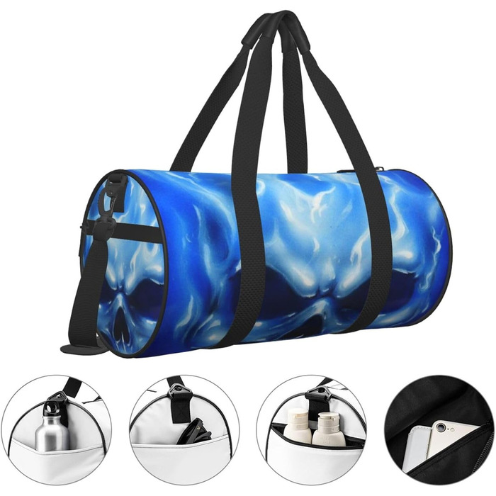 Синя смугаста сумка-дорожня сумка з черепом, кругла, великої місткості, легка та міцна, подарунок для походів, відпустки, ділових поїздок та іншого, синій полумяний череп, універсальний розмір