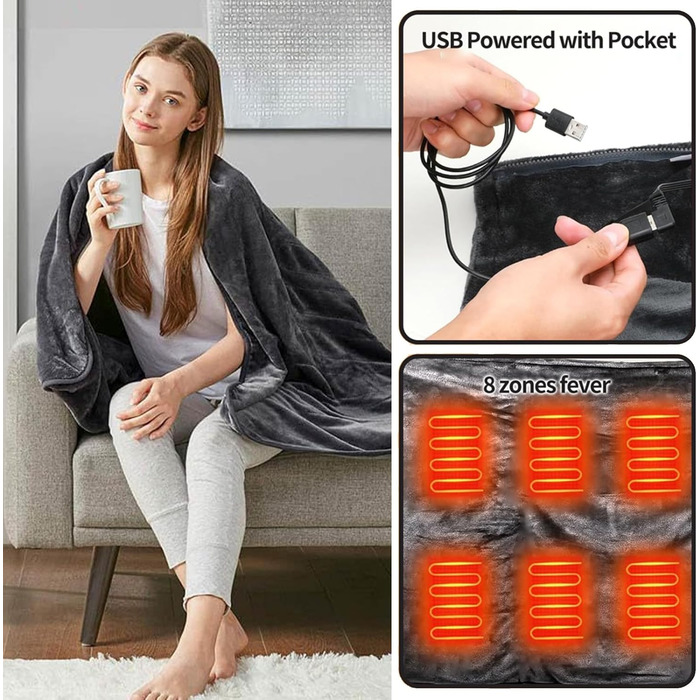 Підігріта ковдра, підігріта шаль, електрична підігріта накидка, підігріта ковдра з USB, 3 регульовані температури, підігріта ковдра для кемпінгу з USB, електрична підігріта ковдра, можна прати в пральній машині, для дому та офісу