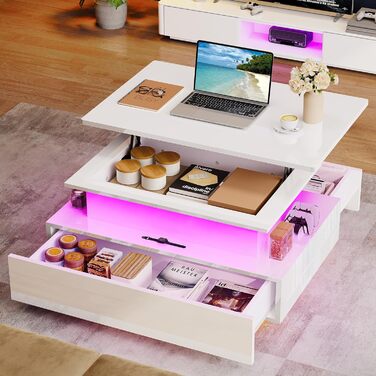 Журнальний столик з регульованою висотою, глянцевий стіл для вітальні з підйомною стільницею, сучасний журнальний столик для вітальні з 16-кольоровим світлодіодним освітленням та 2 шухлядами, білий, повний підйом