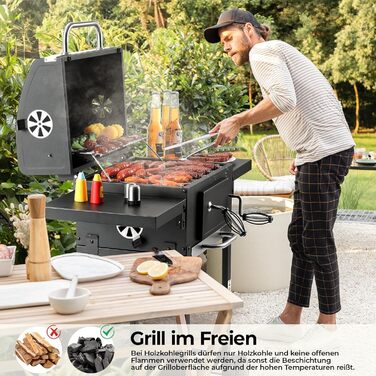 Вугільний гриль з кришкою та візком, BBQ коптильня, мобільний вугільний гриль на 2 колесах, з решіткою, термометром, компактний вугільний гриль-візок, регульований по висоті для кемпінгу та саду