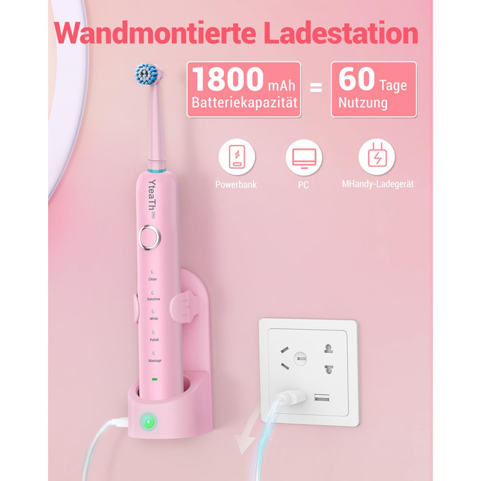 Обертова електрична зубна щітка для дорослих та дітей з 8 насадками, електрична зубна щітка з настінним тримачем та зарядною станцією, 5 режимів чищення та дорожній футляр, 60 днів роботи від акумулятора (Рожева)