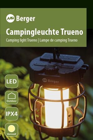 Ліхтар для кемпінгу BERGER Trueno Акумуляторний світлодіодний кемпінговий ліхтар із зарядкою через USB Вуличний ліхтар із регульованою яскравістю Бездротовий аварійний ліхтар, ідеально підходить для відключень електроенергії, наметів, походів та майстерен