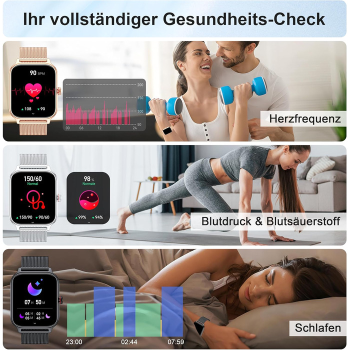 Розумний годинник для чоловіків та жінок, функція телефону, артеріальний тиск, пульс, сон, 1.96-дюймовий фітнес-годинник зі штучним інтелектом, понад 100 спортивних режимів, водонепроникність IP67, крокомір, будильник, калькулятор, візитна картка, iOS/And