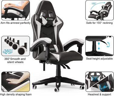 Геймерське крісло, ергономічне крісло з високою спинкою, шкіра синтетична, регульований підголівник та поперекова підтримка, кут нахилу 155, металевий каркас, плавно обертаються колеса, регулювання висоти, чорно-білий колір