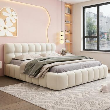 М&39яке ліжко 140x200 см Ліжко-бульбашка, двоспальне ліжко з м&39яким узголів&39ям, дитяче ліжко, каркас ліжка з рейковою основою, лляне, без матраца (Бежевий, 140 x 200 см) Бежевий-b 140 x 200 см