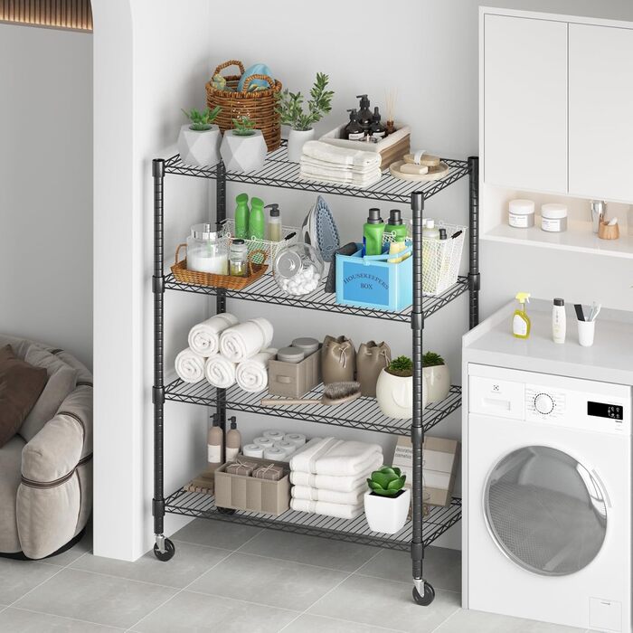 Рівнева дротяна полиця Himimi з колесами та ніжками, регульована по висоті, металева полиця для зберігання для кухні, ванної кімнати, спальні, вітальні, вантажопідйомність 500 кг, 90 * 45 * 183 см, чорна, 4-