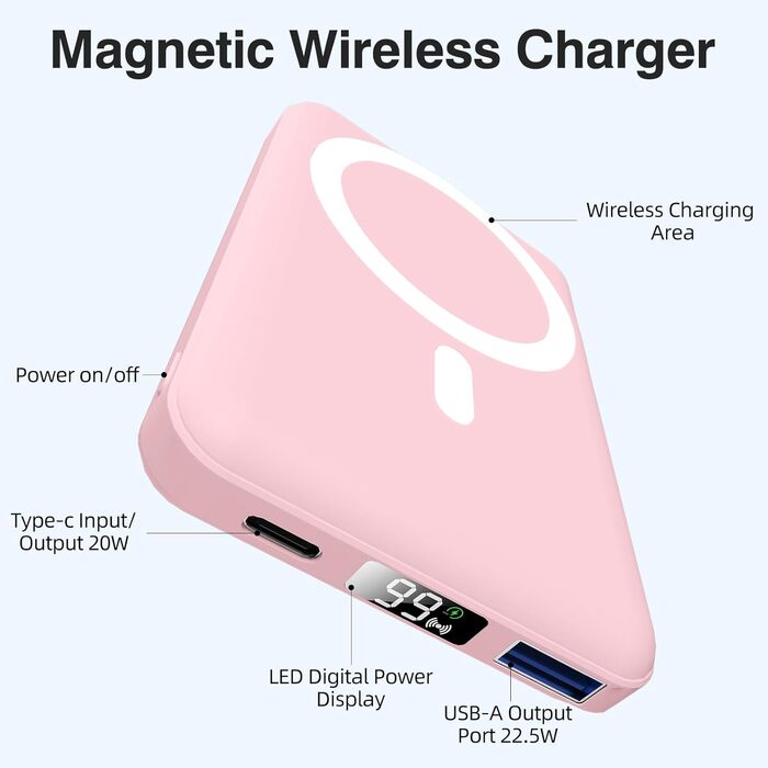 10000mAh Wireless Power Bank with USB C in&Out, 22.5W Small but Strong Magnetic Power Bank for iPhone 16/15/14/13/12 Pro/Pro Max/Plus/Mini (Pink), 10000mAh Wireless Power Bank with USB C in&Out, 22.5W Small but Strong Magnetic Power Bank for iPhone 16/15/