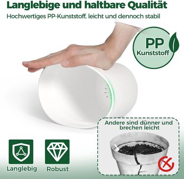Пластиковий квітковий горщик 19 см з блюдцем, набір із 6 пластикових горщиків для трав з кількома дренажними отворами, круглий горщик для сукулентів у приміщенні та на балконі, білий/розкішний сад 19 см, 4U