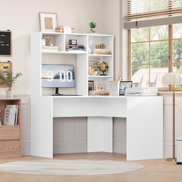 Кутовий письмовий стіл FirFurd з подовжувачем, L-подібний комп&39ютерний стіл з книжковою полицею, стіл для ПК/ноутбука для офісу, кабінету, вітальні, домашнього офісу, білий, 153 x 125 x 108 см, білий/розкішний сад