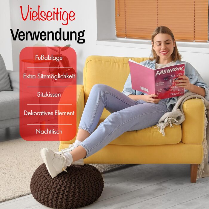 В&39язаний пуф ручної роботи Ø 55 см або Ø 45 см Подушка на підлогу, подушка на крісло, пуф для ніг, крісло-мішок - з елегантним виглядом об&39ємної в&39язки - внутрішнє оздоблення (коричневий, Ø 45 см) Коричневий Ø 45 см