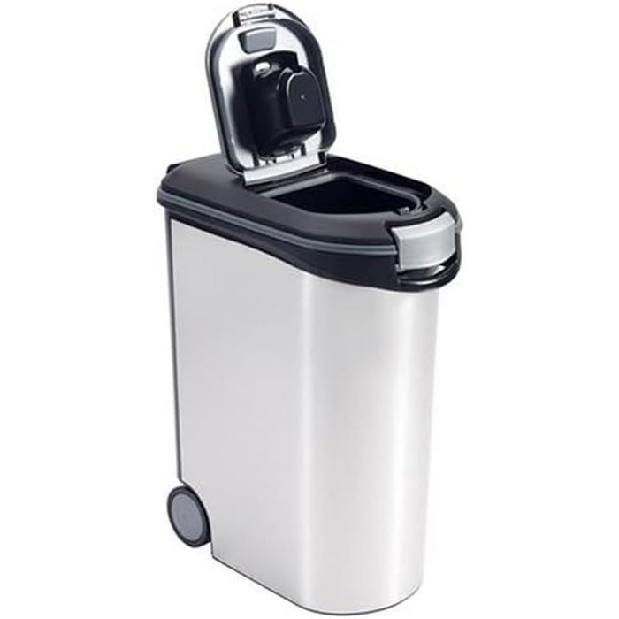 Контейнер для корму Curver, 20 кг, 54 л, металік (чорний/срібний), 49,3 x 27,8 x 60,5 см герметичний контейнер з коліщатками для зберігання сухого корму для собак, захищає від запахів