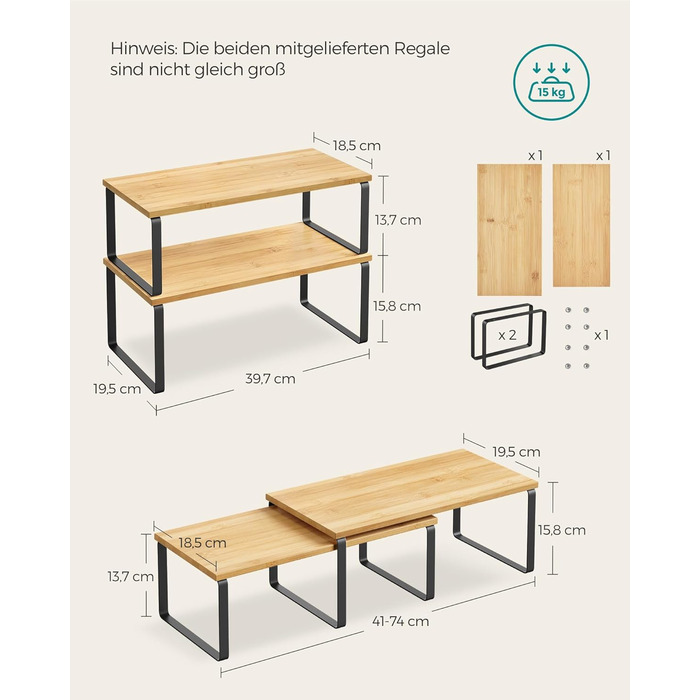 Стійка для спецій, Набір з 2 кухонних органайзерів, Кухонна полиця, Організатор для шафи, Розширювана, Мала полиця, Штабелюється, Металевий та Дерев&39яний Композит, Чорнило Чорний-Натуральний Бежевий KCS200B01 39,7 см Чорнило Чорний Натуральний Бежевий