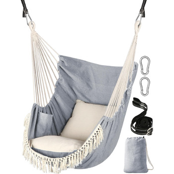 Підвісне крісло Chihee, підвісна гойдалка, 2 подушки сидіння в комплекті, міцні ремені та гачки, легко повісити, підвісне крісло виготовлене з м&39якої бавовняної тканини, бічна кишеня, великий комплект крісел з китицями, зручний комплект крісел для дому/