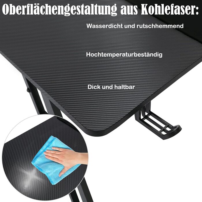 Ігровий стіл AufuN 140 x 60 см, Ігровий стіл зі світлодіодним підсвічуванням, гачком для навушників та тримачем для чашки, Міцний комп&39ютерний робочий стіл, Ігровий стіл для ПК (Тип B без світлодіодів) 140 x 60 см Тип B без світлодіодів