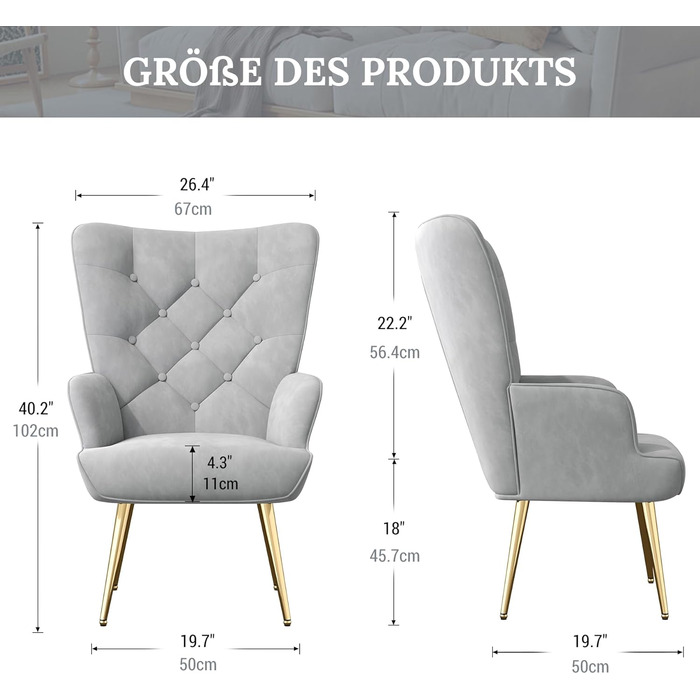 Елегантне м&39яке крісло, стілець для вітальні, стілець-туалет з металевими ніжками для вітальні/спальні, вантажопідйомність до 150 кг, сірий, комплект з